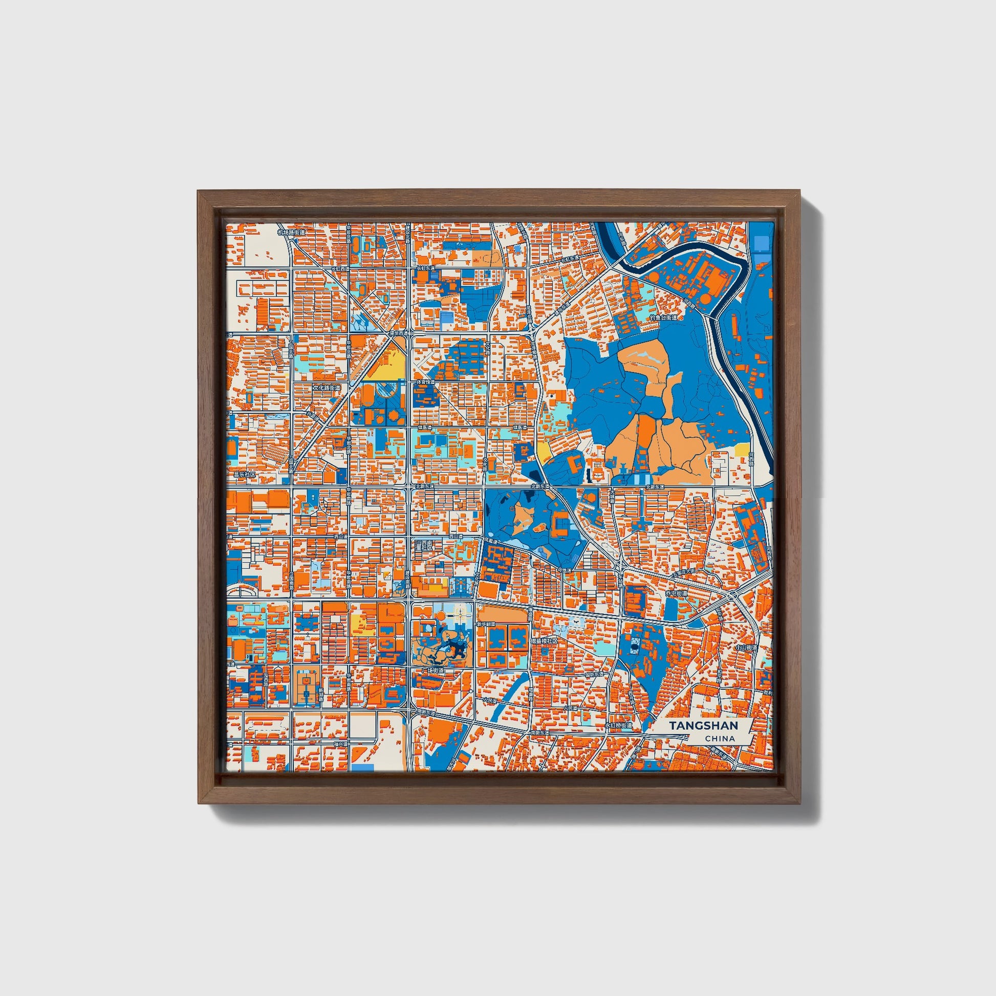 Tangshan China Colorful City Map Canvas Print • Dark Wooden Framed