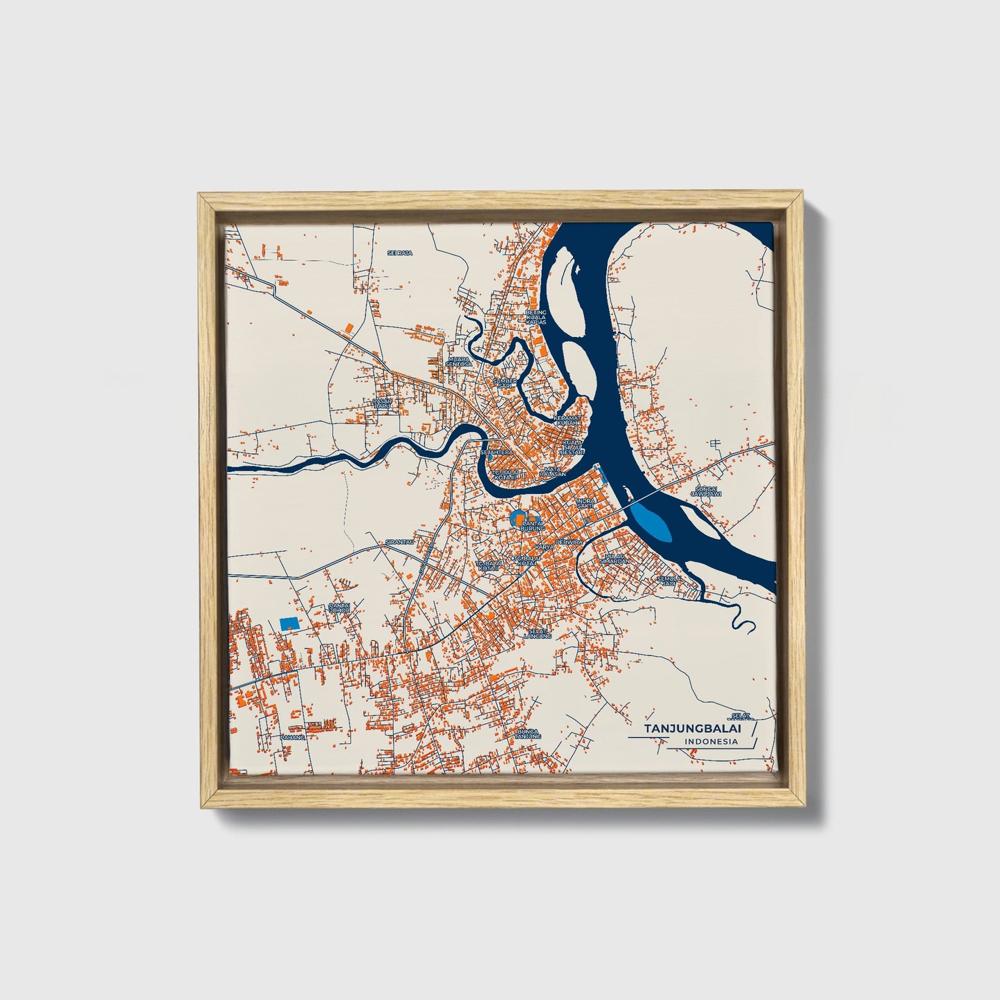 Tanjungbalai Indonesia Colorful City Map Canvas Print • Natural Wooden Framed