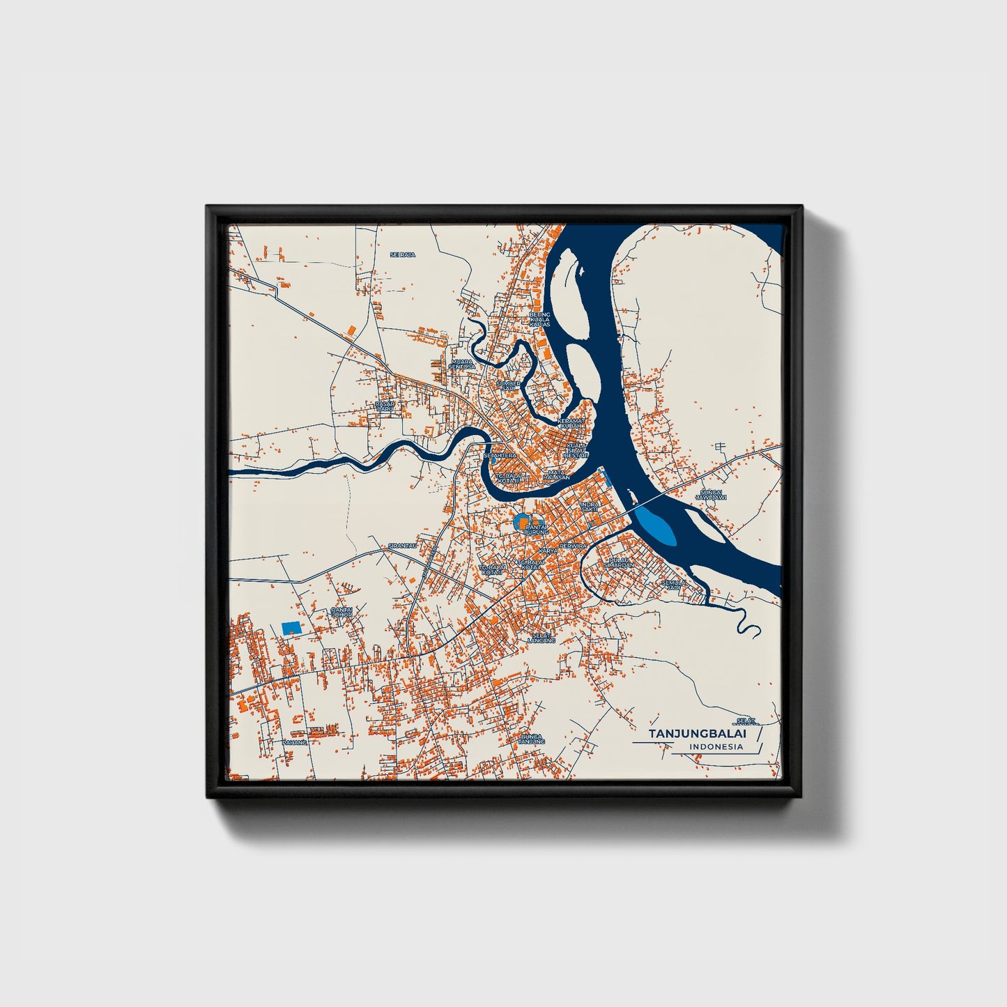Tanjungbalai Indonesia Colorful City Map Canvas Print • Black Framed