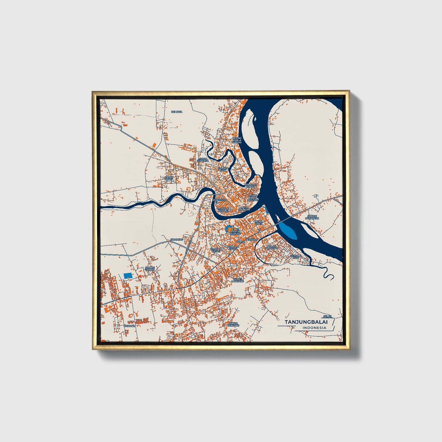 Tanjungbalai Indonesia Colorful City Map Canvas Print • Gold Framed