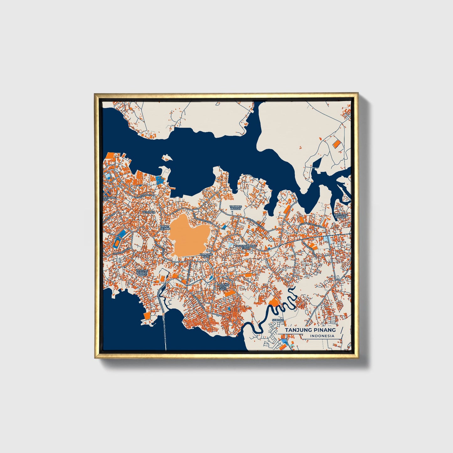 Tanjung Pinang Indonesia Colorful City Map Canvas Print • Gold Framed
