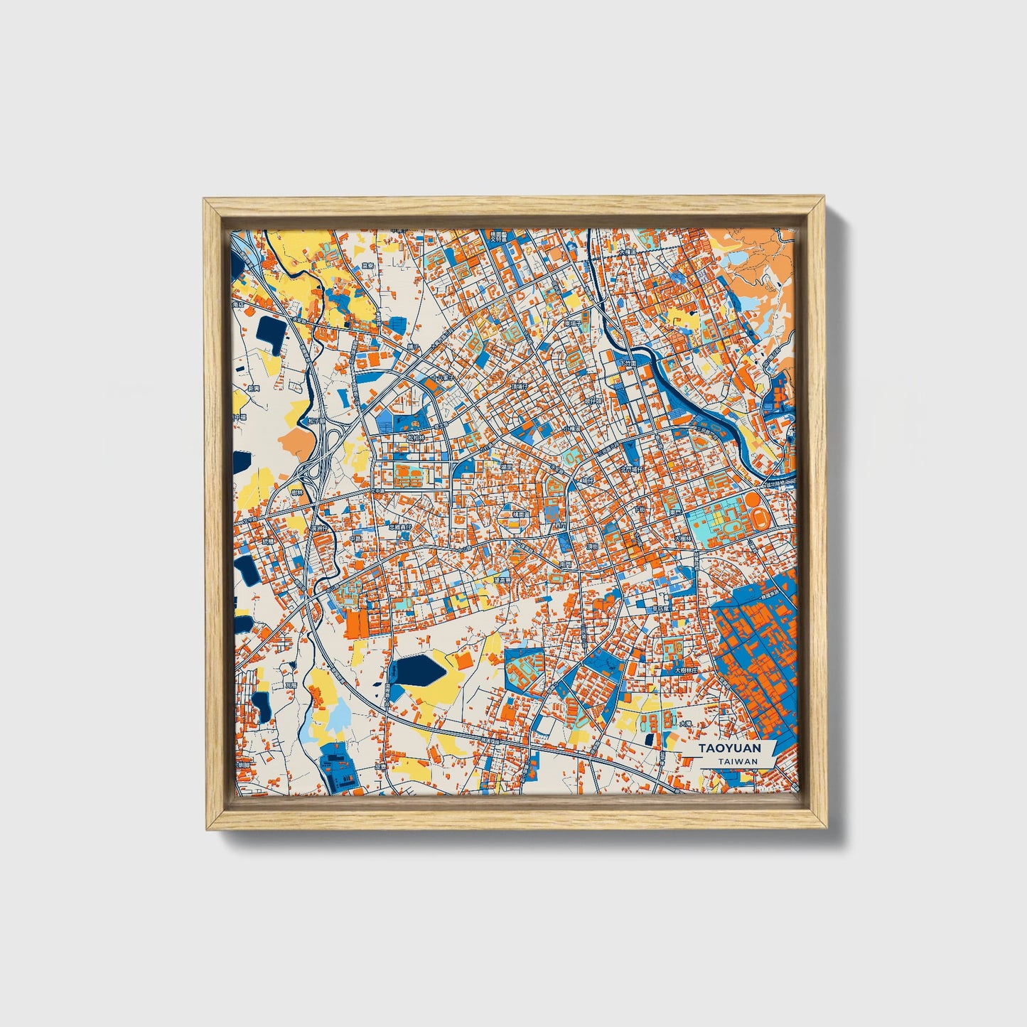 Taoyuan Taiwan Colorful City Map Canvas Print • Natural Wooden Framed