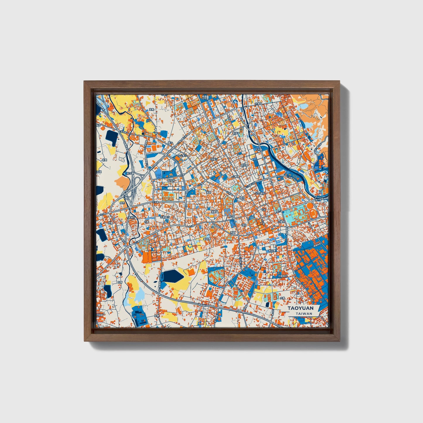 Taoyuan Taiwan Colorful City Map Canvas Print • Dark Wooden Framed