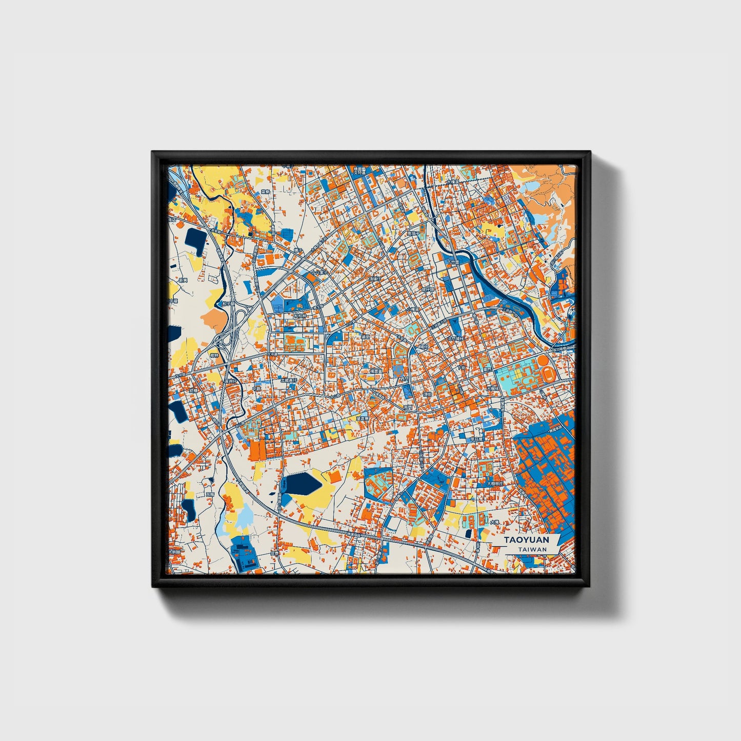 Taoyuan Taiwan Colorful City Map Canvas Print • Black Framed
