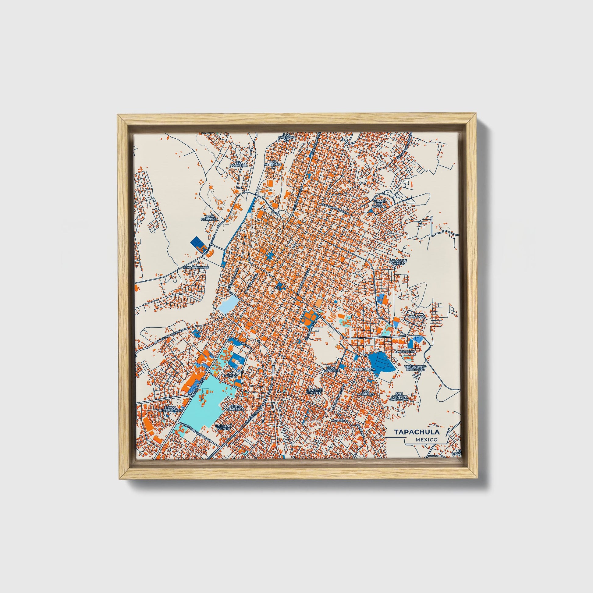 Tapachula Mexico Colorful City Map Canvas Print • Natural Wooden Framed