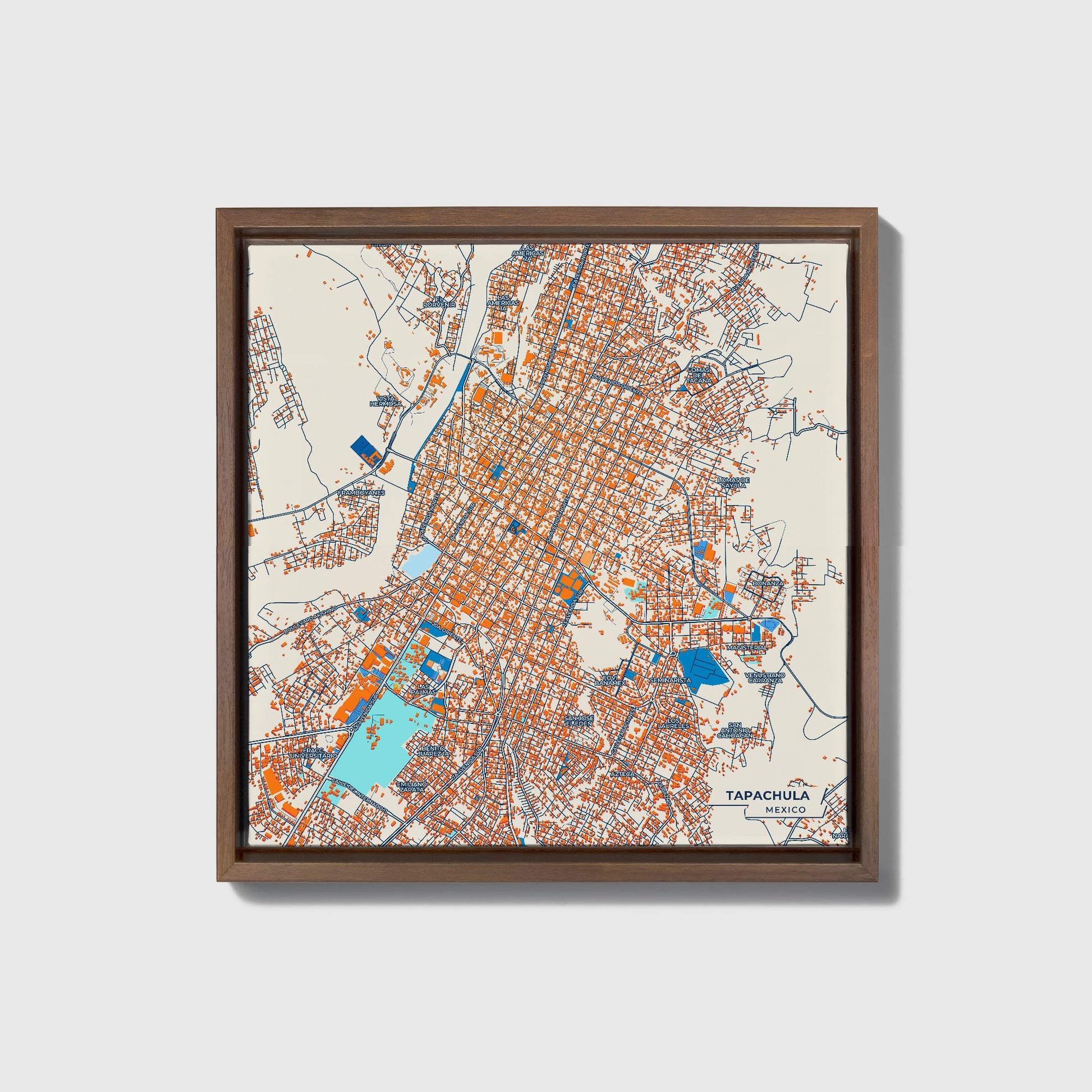 Tapachula Mexico Colorful City Map Canvas Print • Dark Wooden Framed