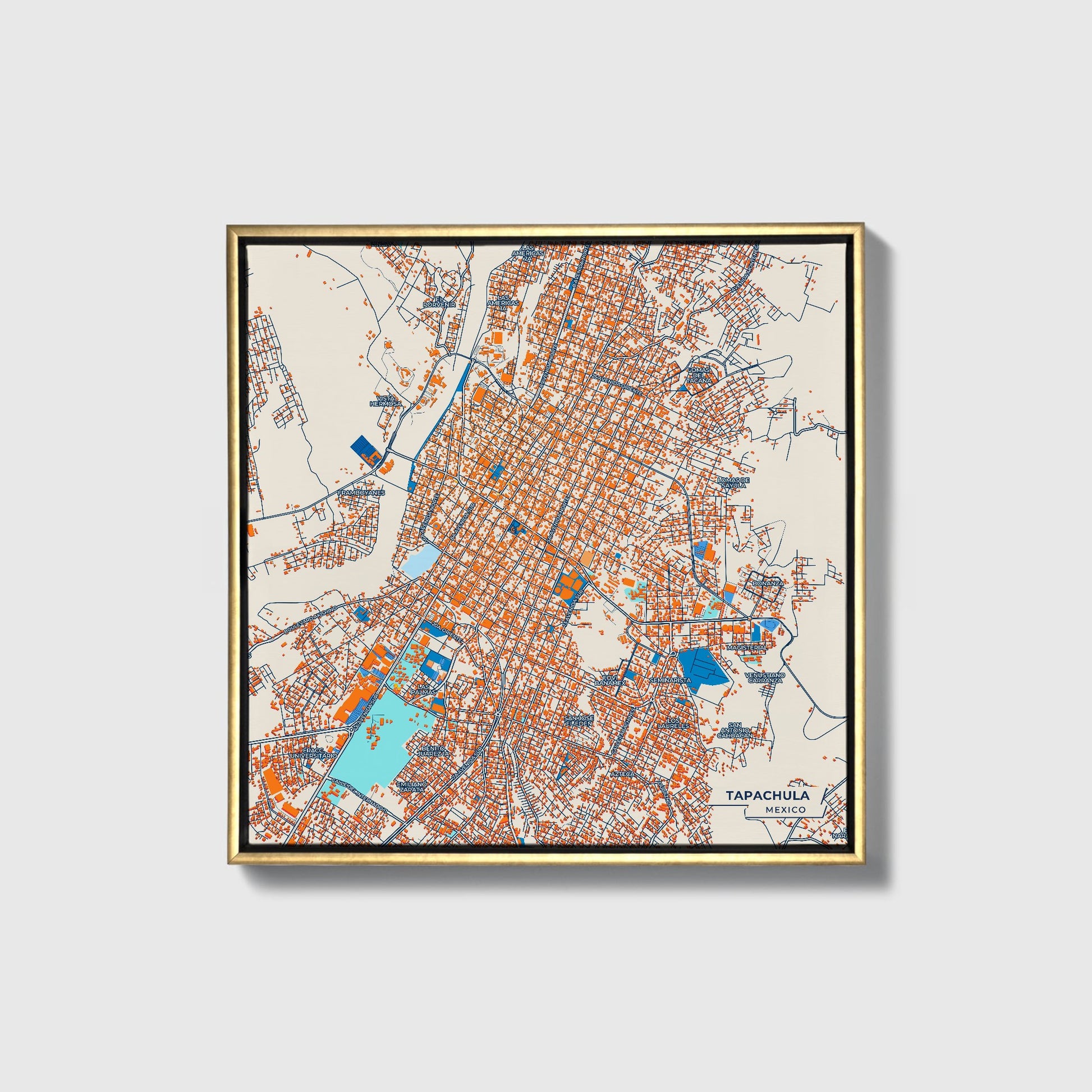 Tapachula Mexico Colorful City Map Canvas Print • Gold Framed