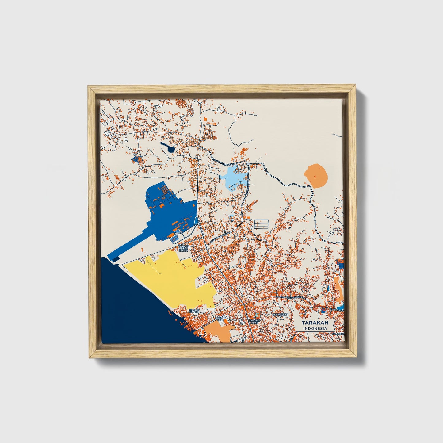 Tarakan Indonesia Colorful City Map Canvas Print • Natural Wooden Framed