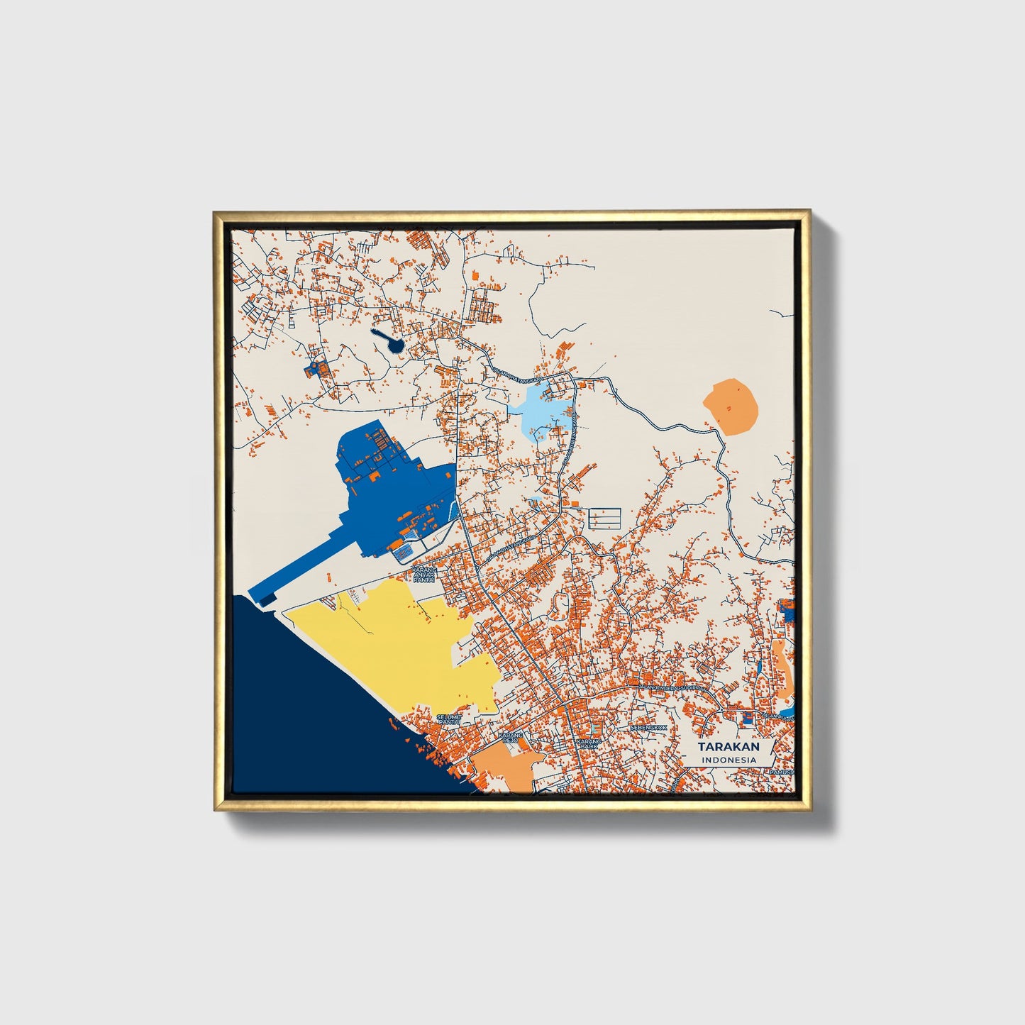 Tarakan Indonesia Colorful City Map Canvas Print • Gold Framed