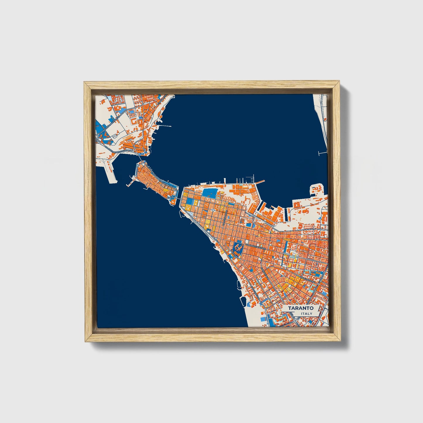 Taranto  Italy Colorful City Map Canvas Print • Natural Wooden Framed