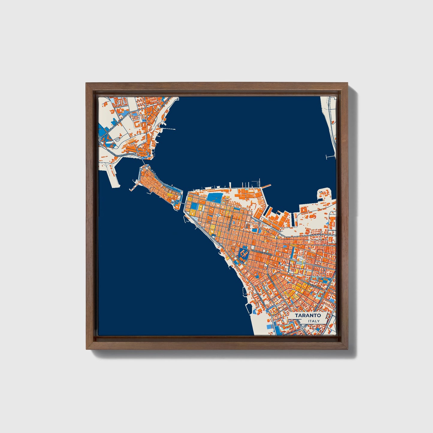 Taranto  Italy Colorful City Map Canvas Print • Dark Wooden Framed