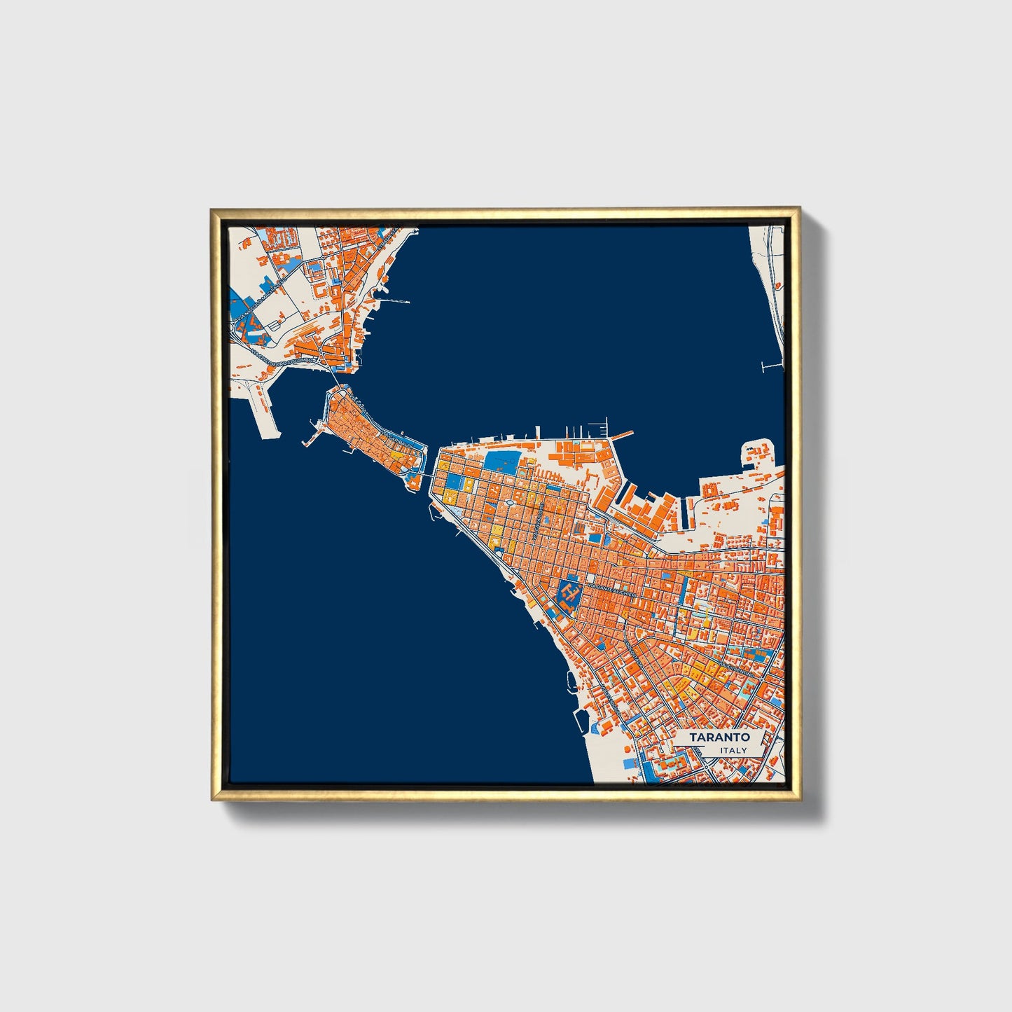 Taranto  Italy Colorful City Map Canvas Print • Gold Framed