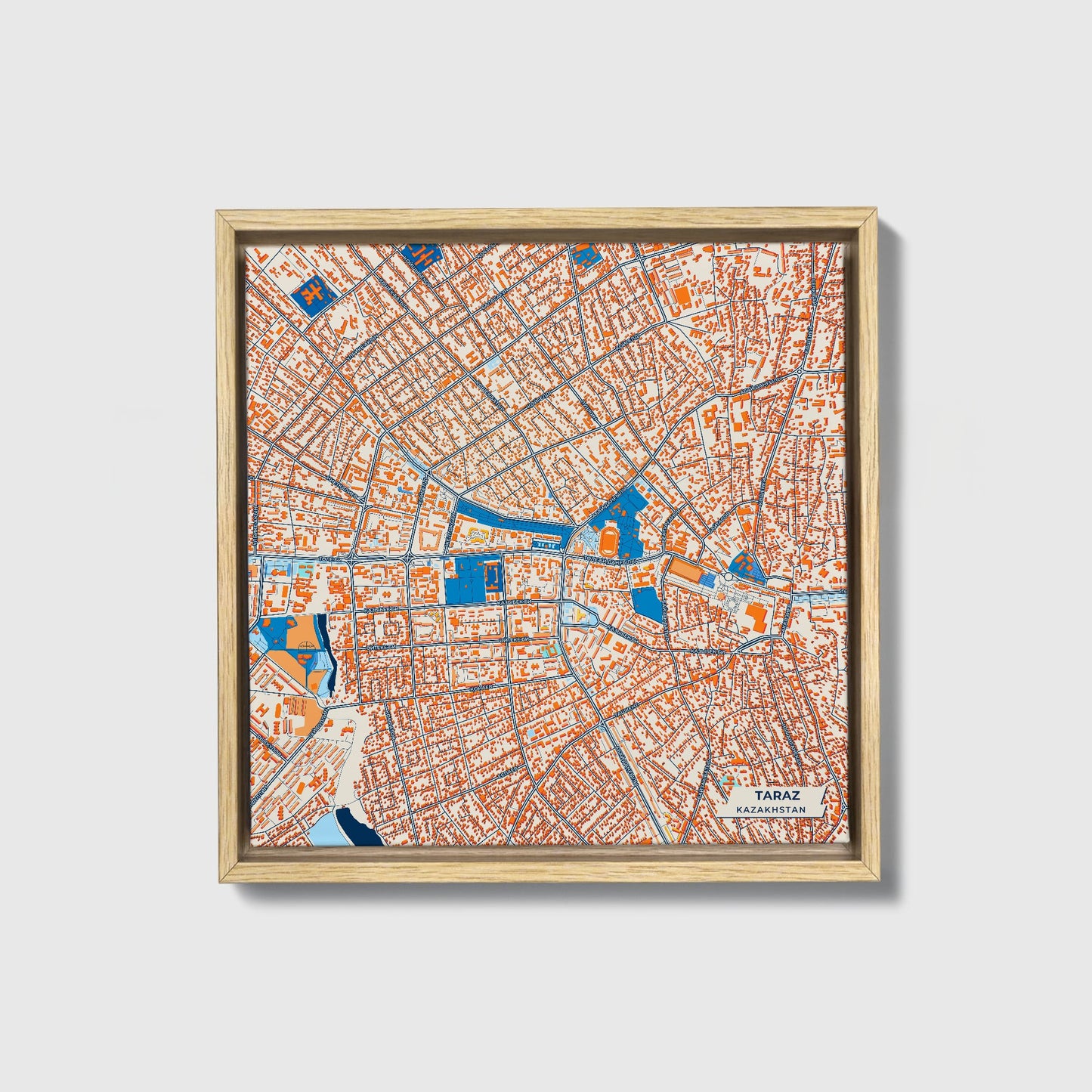 Taraz Kazakhstan Colorful City Map Canvas Print • Natural Wooden Framed