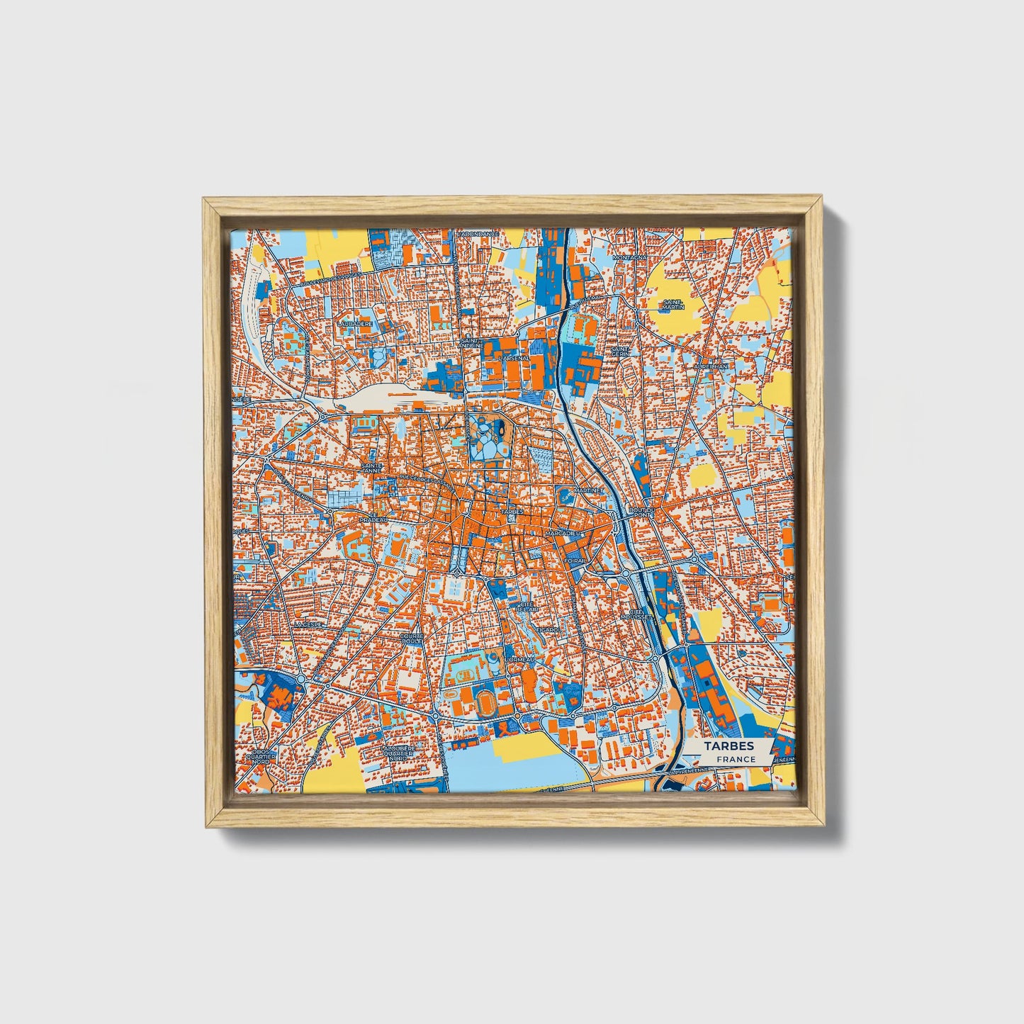 Tarbes France Colorful City Map Canvas Print • Natural Wooden Framed