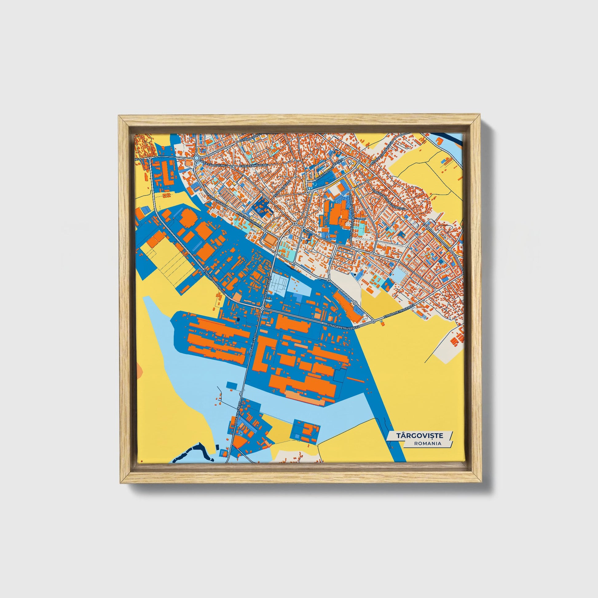 Târgoviște Romania Colorful City Map Canvas Print • Natural Wooden Framed