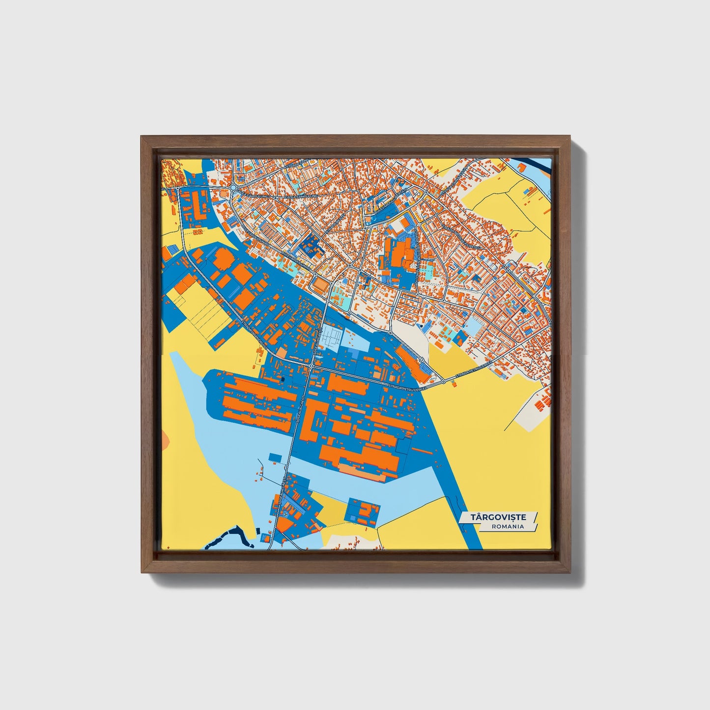 Târgoviște Romania Colorful City Map Canvas Print • Dark Wooden Framed