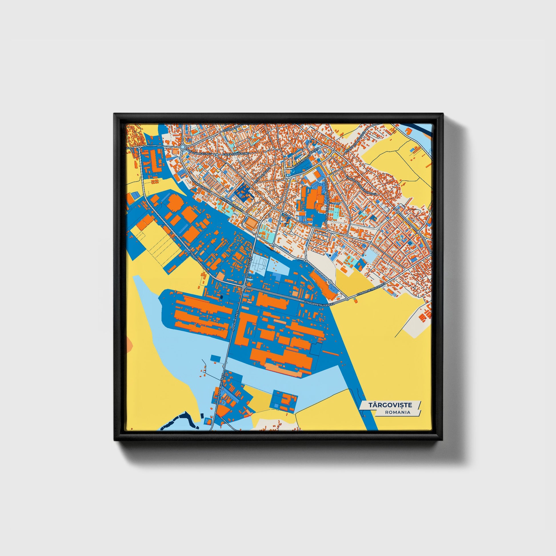 Târgoviște Romania Colorful City Map Canvas Print • Black Framed