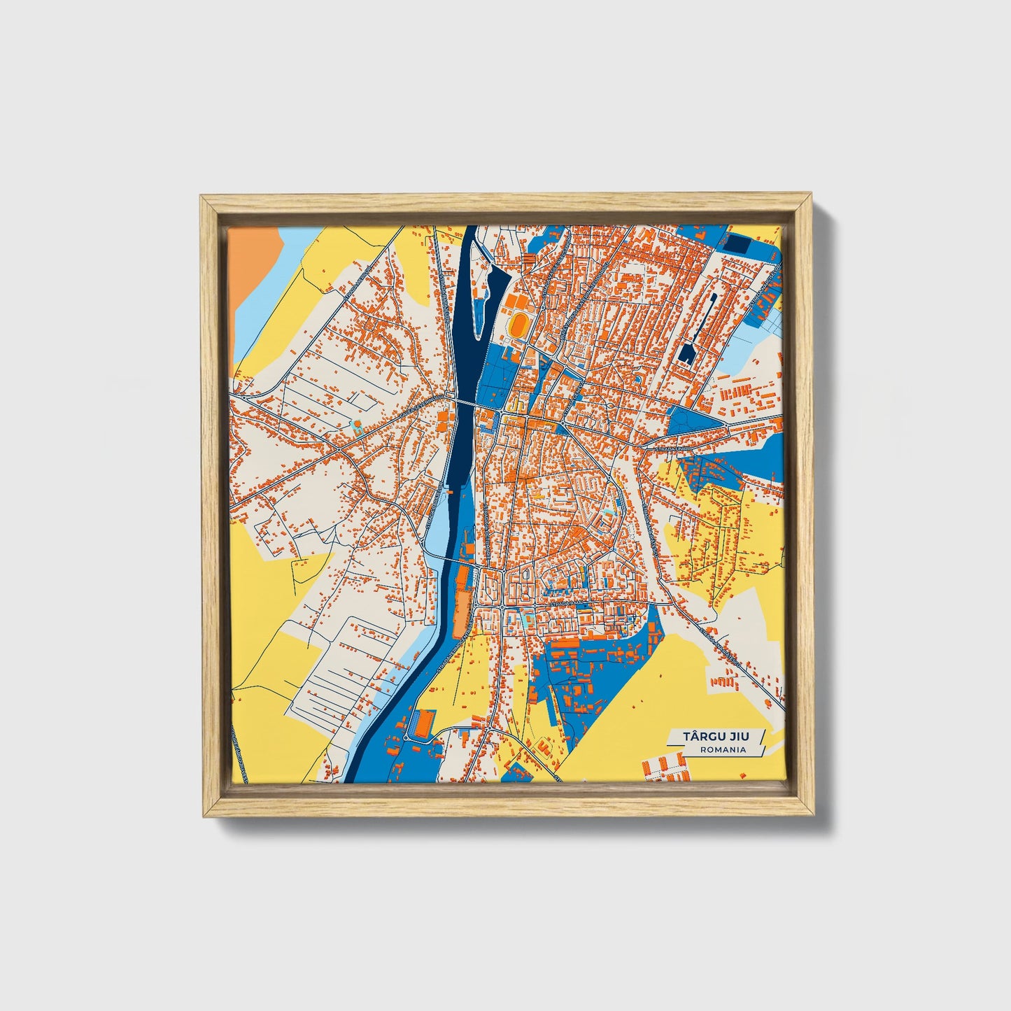 Târgu Jiu Romania Colorful City Map Canvas Print • Natural Wooden Framed