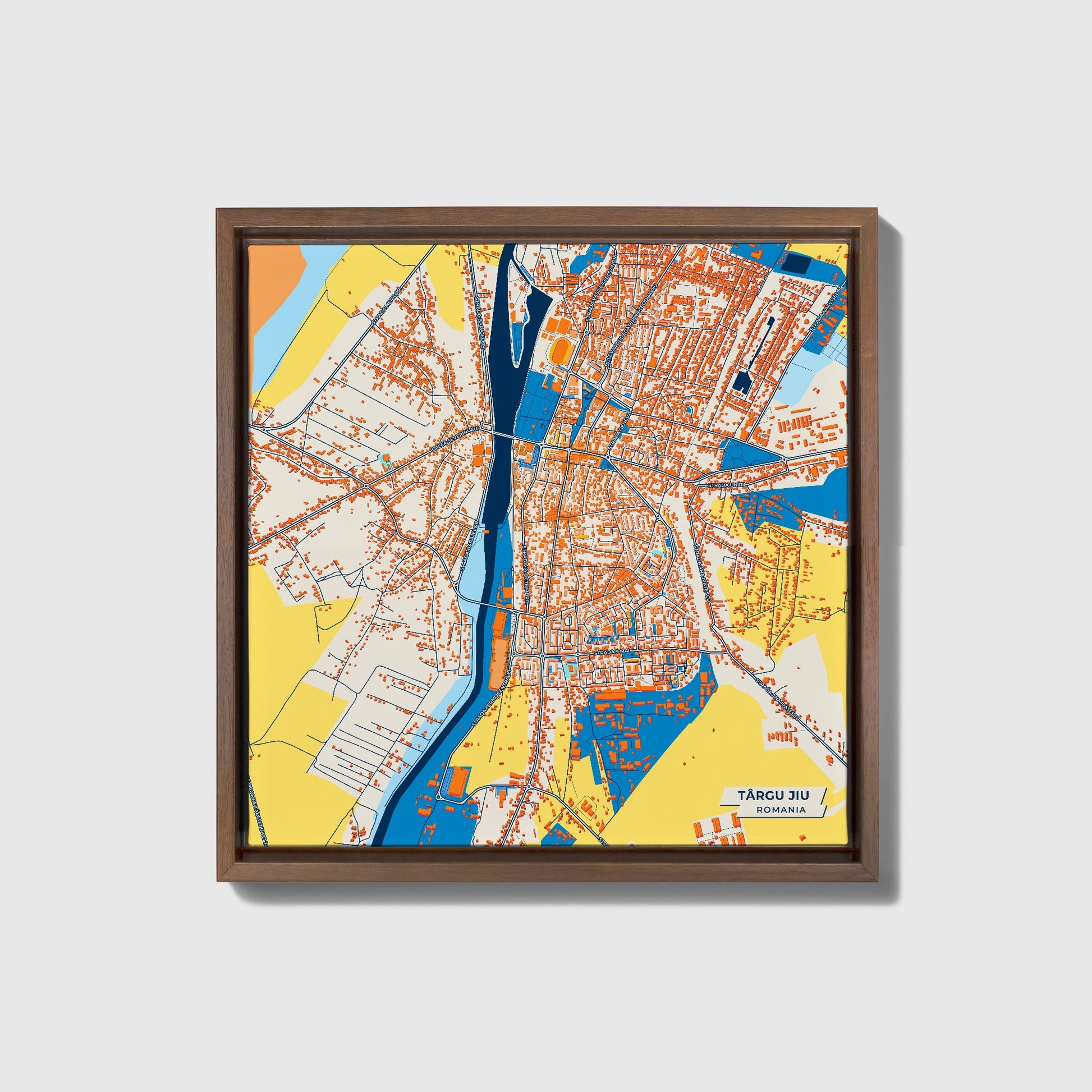 Târgu Jiu Romania Colorful City Map Canvas Print • Dark Wooden Framed