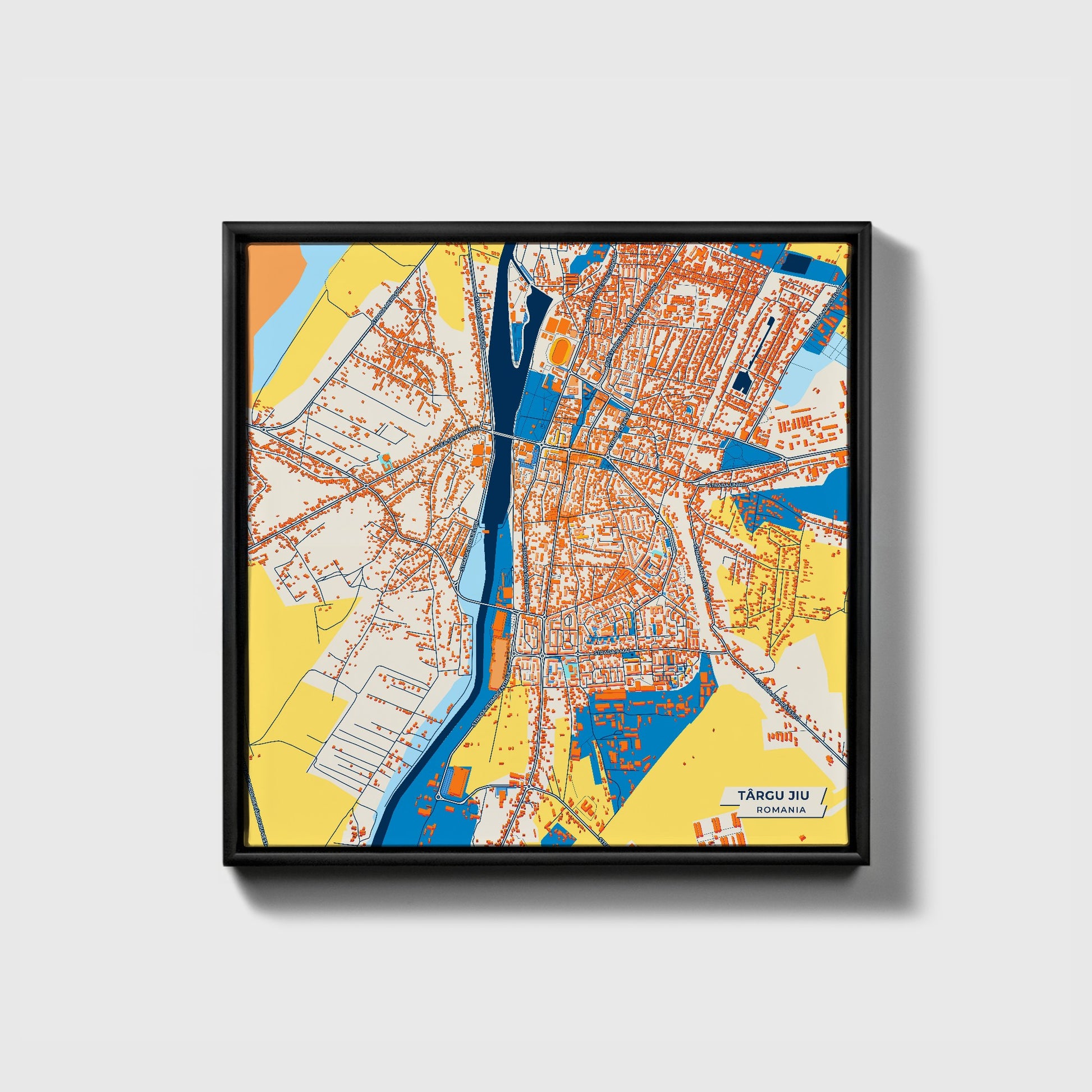 Târgu Jiu Romania Colorful City Map Canvas Print • Black Framed