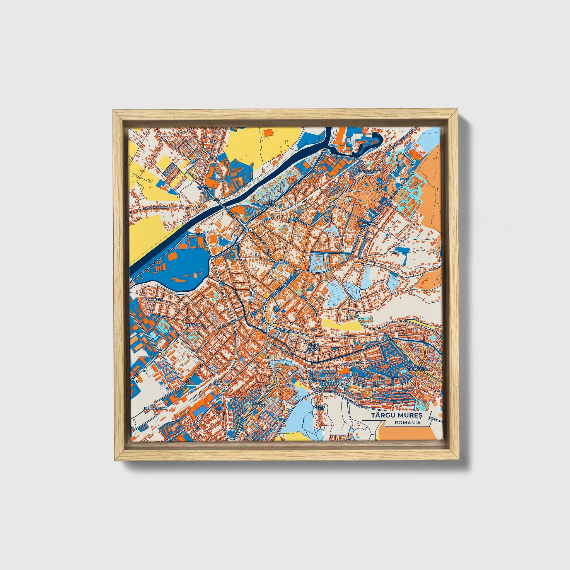 Târgu Mureș Romania Colorful City Map Canvas Print • Natural Wooden Framed