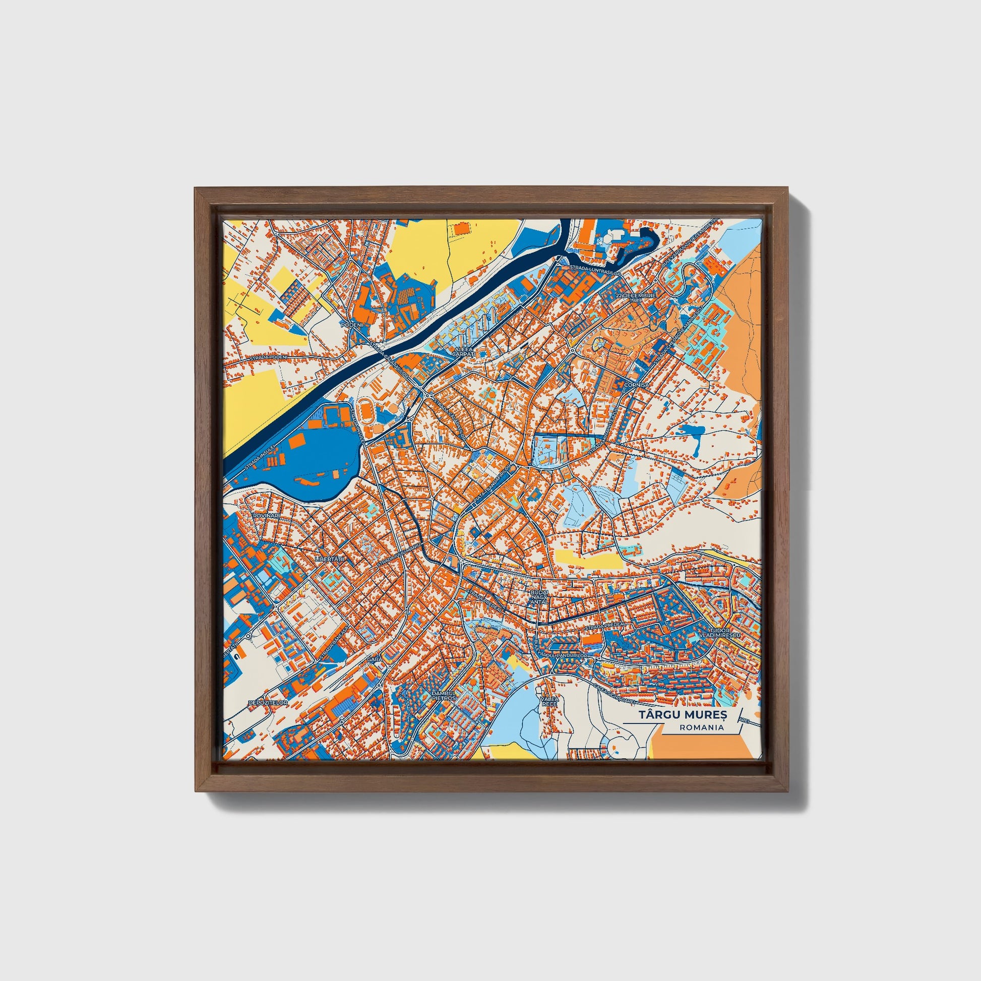 Târgu Mureș Romania Colorful City Map Canvas Print • Dark Wooden Framed