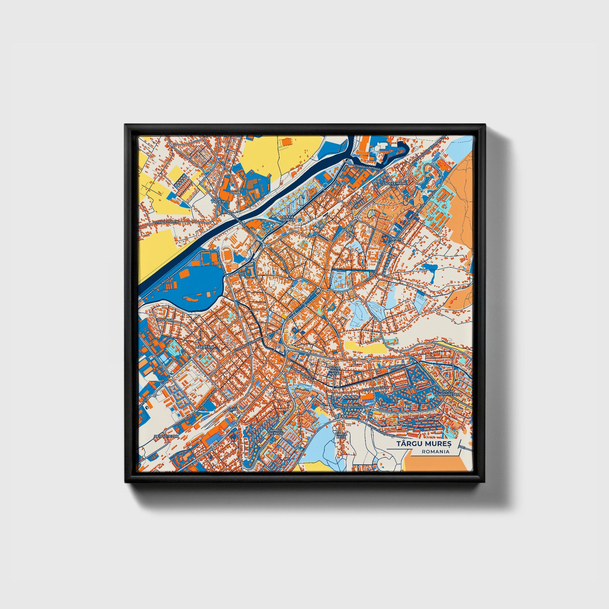 Târgu Mureș Romania Colorful City Map Canvas Print • Black Framed