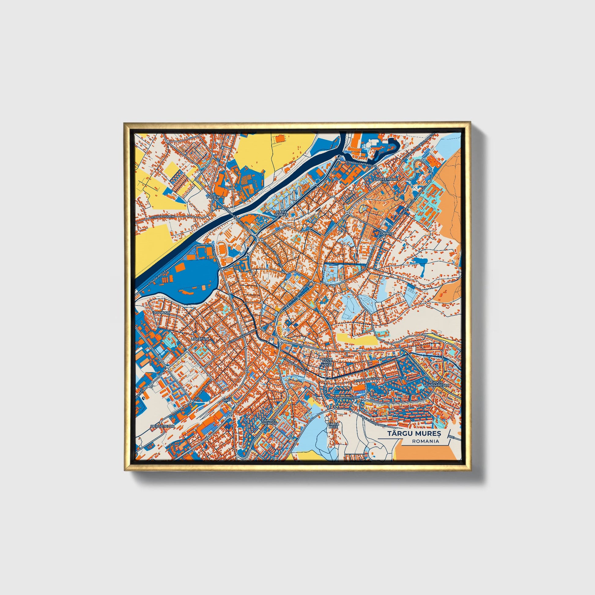 Târgu Mureș Romania Colorful City Map Canvas Print • Gold Framed