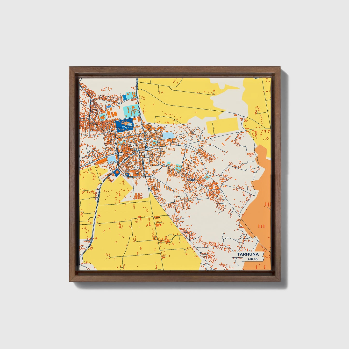 Tarhuna Libya Colorful City Map Canvas Print • Dark Wooden Framed