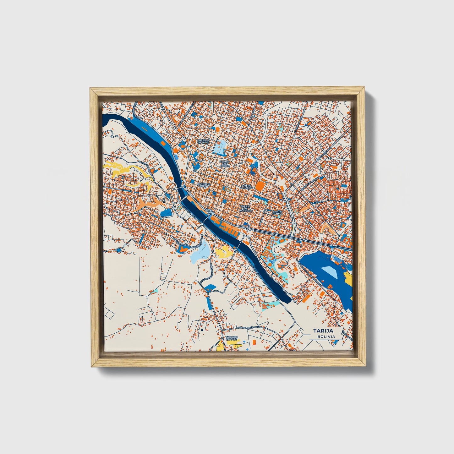 Tarija Bolivia Colorful City Map Canvas Print • Natural Wooden Framed