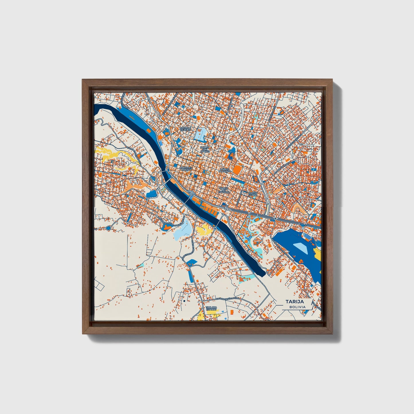 Tarija Bolivia Colorful City Map Canvas Print • Dark Wooden Framed