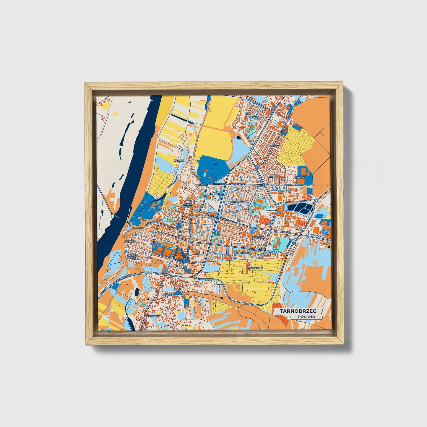 Tarnobrzeg Poland Colorful City Map Canvas Print • Natural Wooden Framed