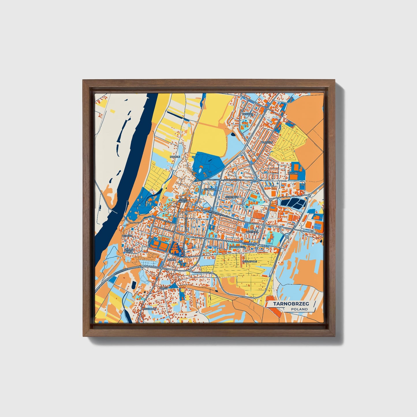 Tarnobrzeg Poland Colorful City Map Canvas Print • Dark Wooden Framed