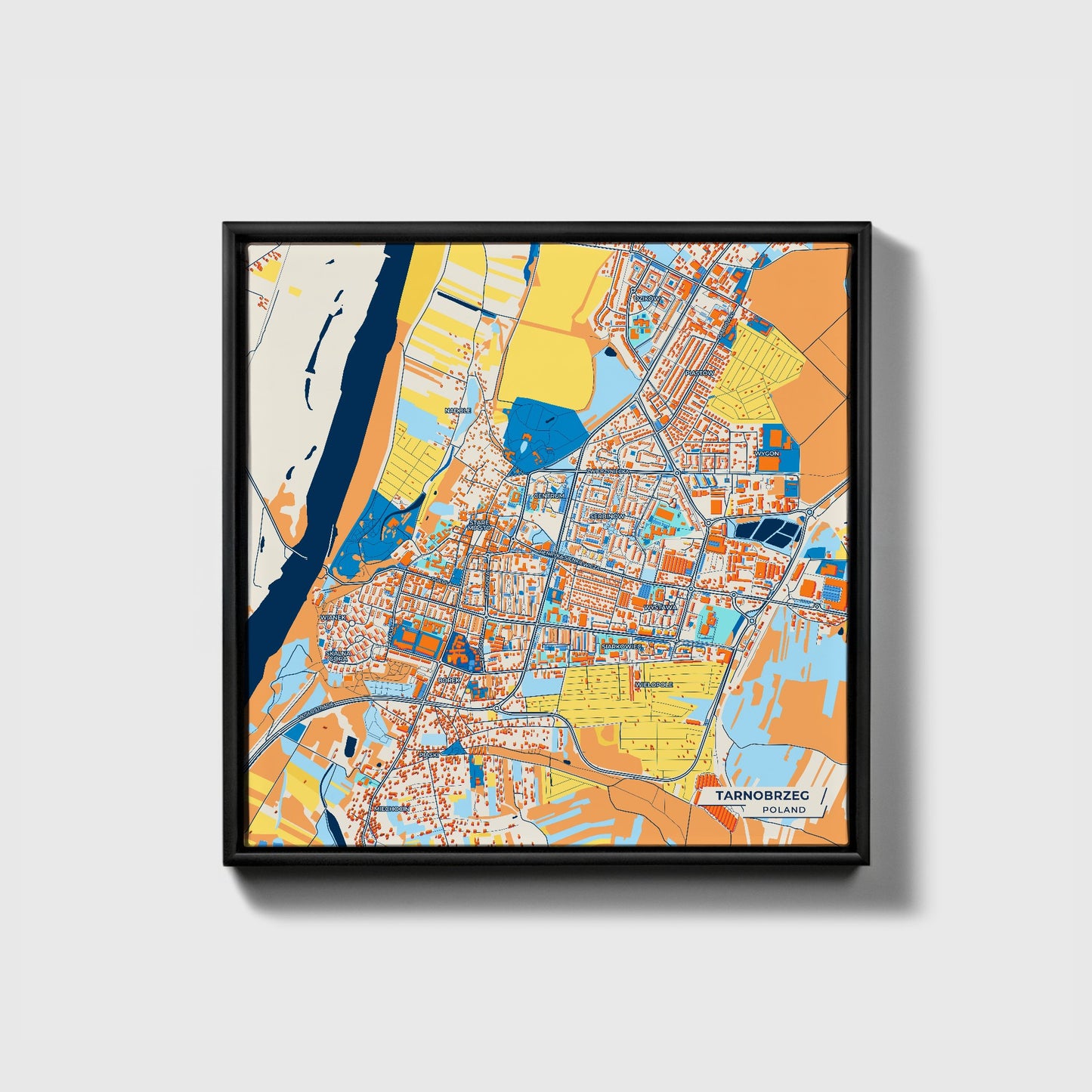 Tarnobrzeg Poland Colorful City Map Canvas Print • Black Framed