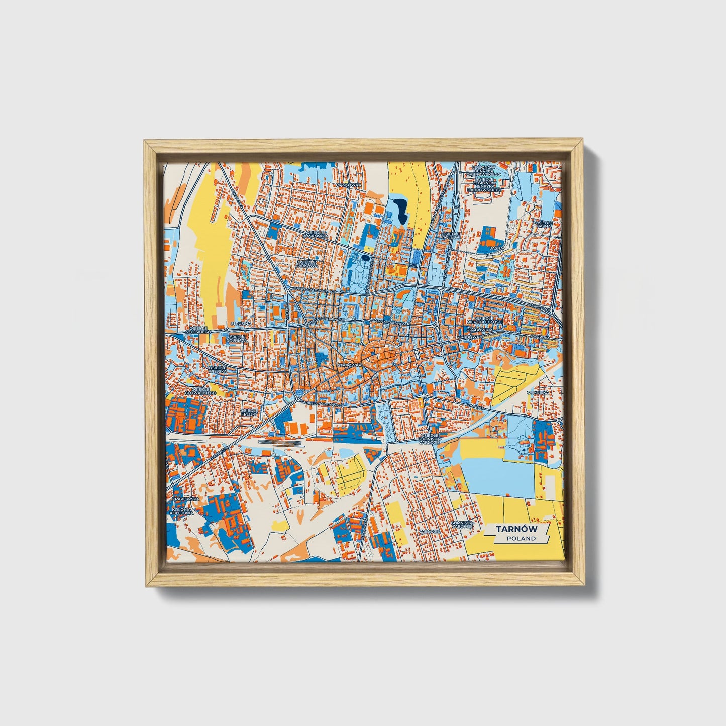 Tarnów Poland Colorful City Map Canvas Print • Natural Wooden Framed