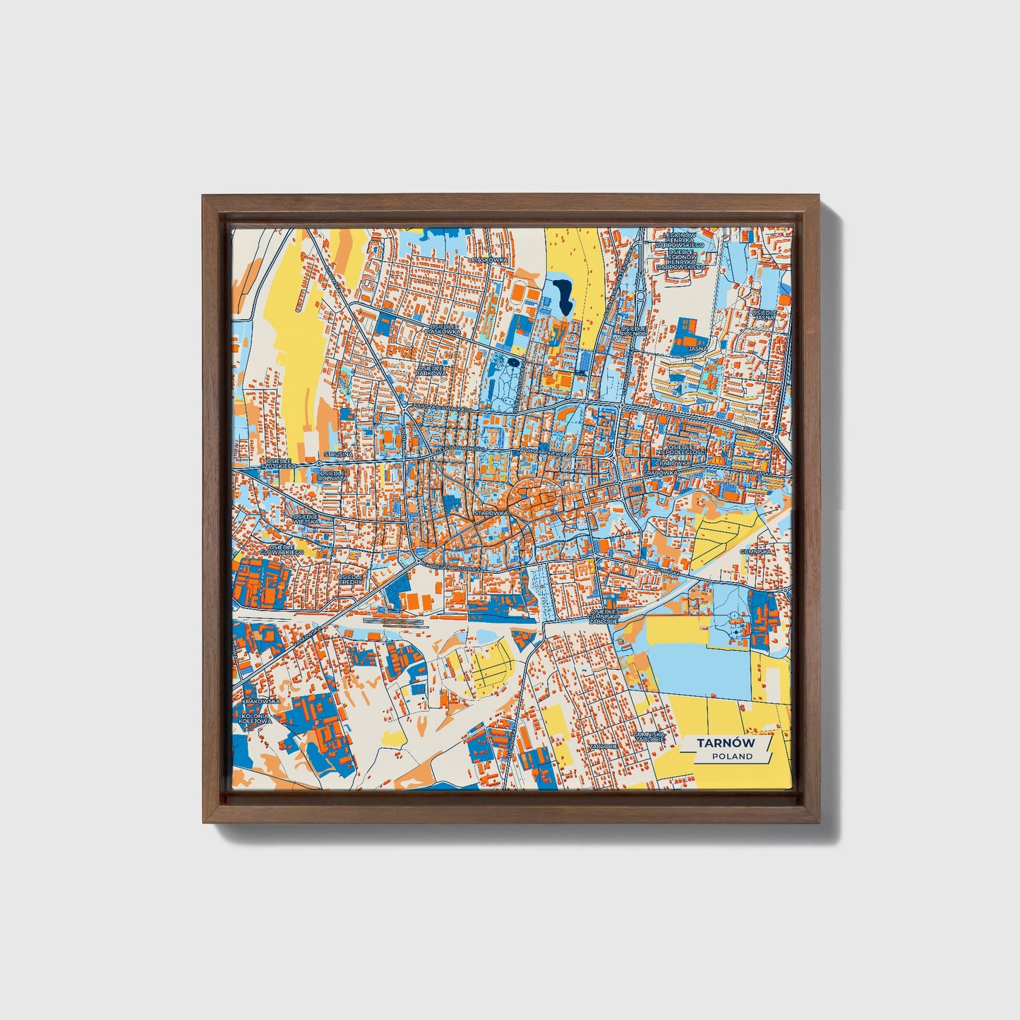 Tarnów Poland Colorful City Map Canvas Print • Dark Wooden Framed