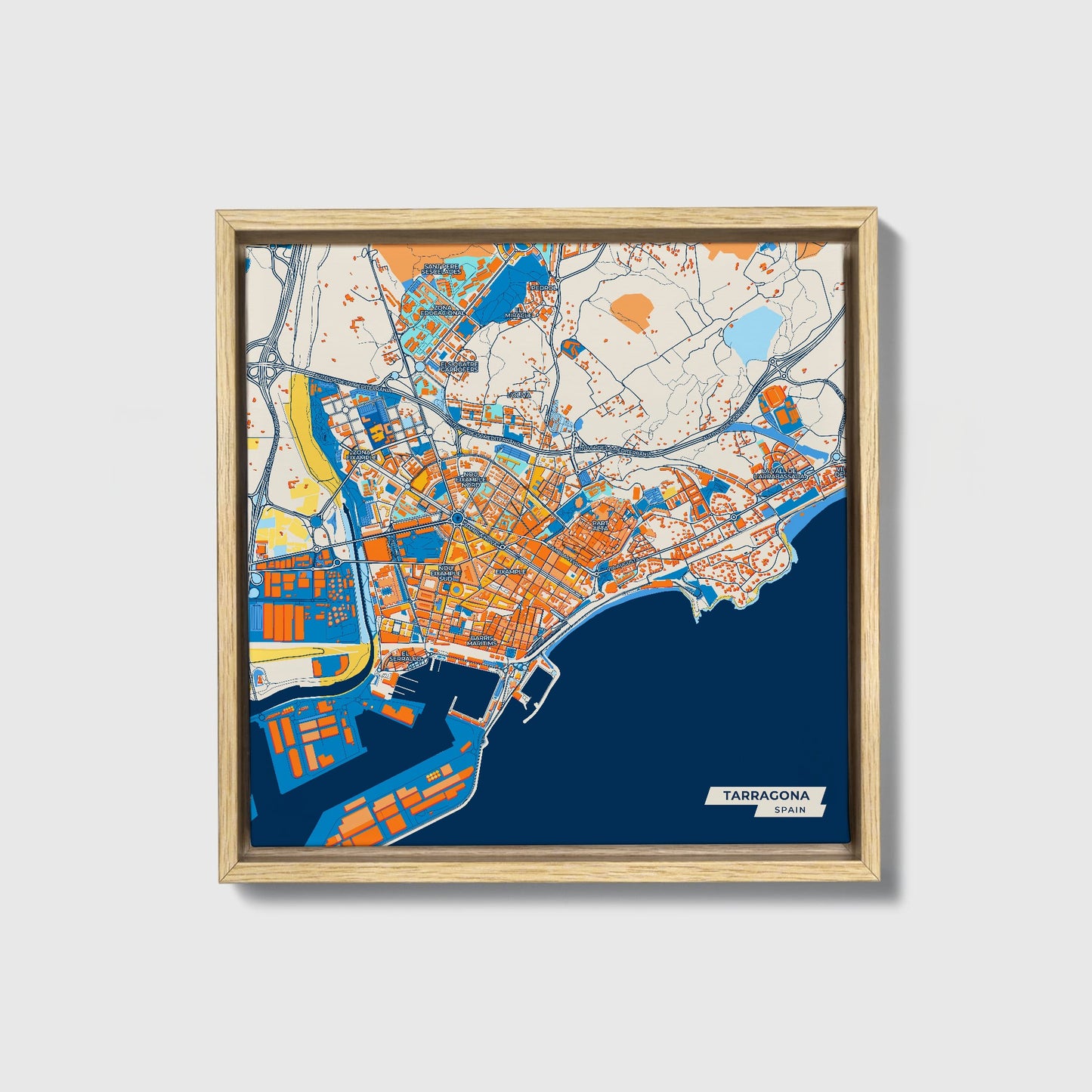 Tarragona Spain Colorful City Map Canvas Print • Natural Wooden Framed