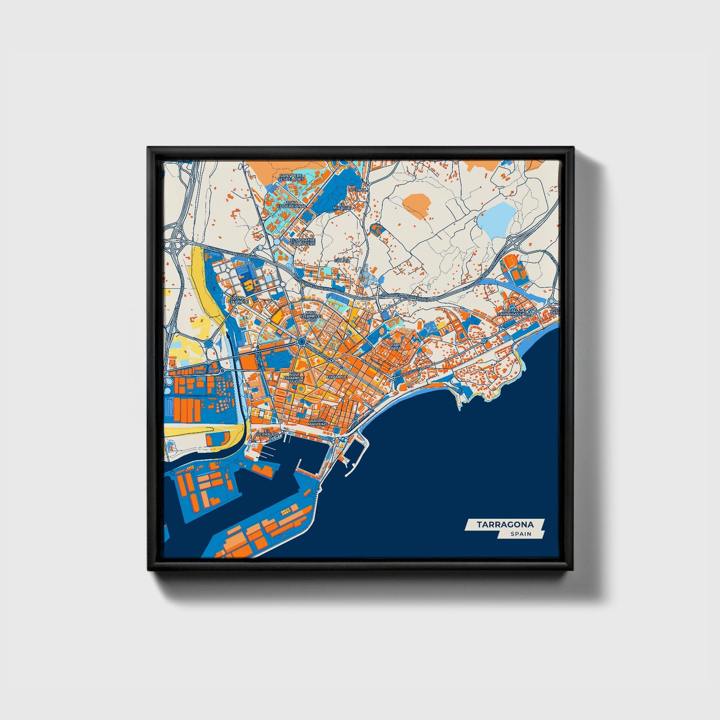 Tarragona Spain Colorful City Map Canvas Print • Black Framed