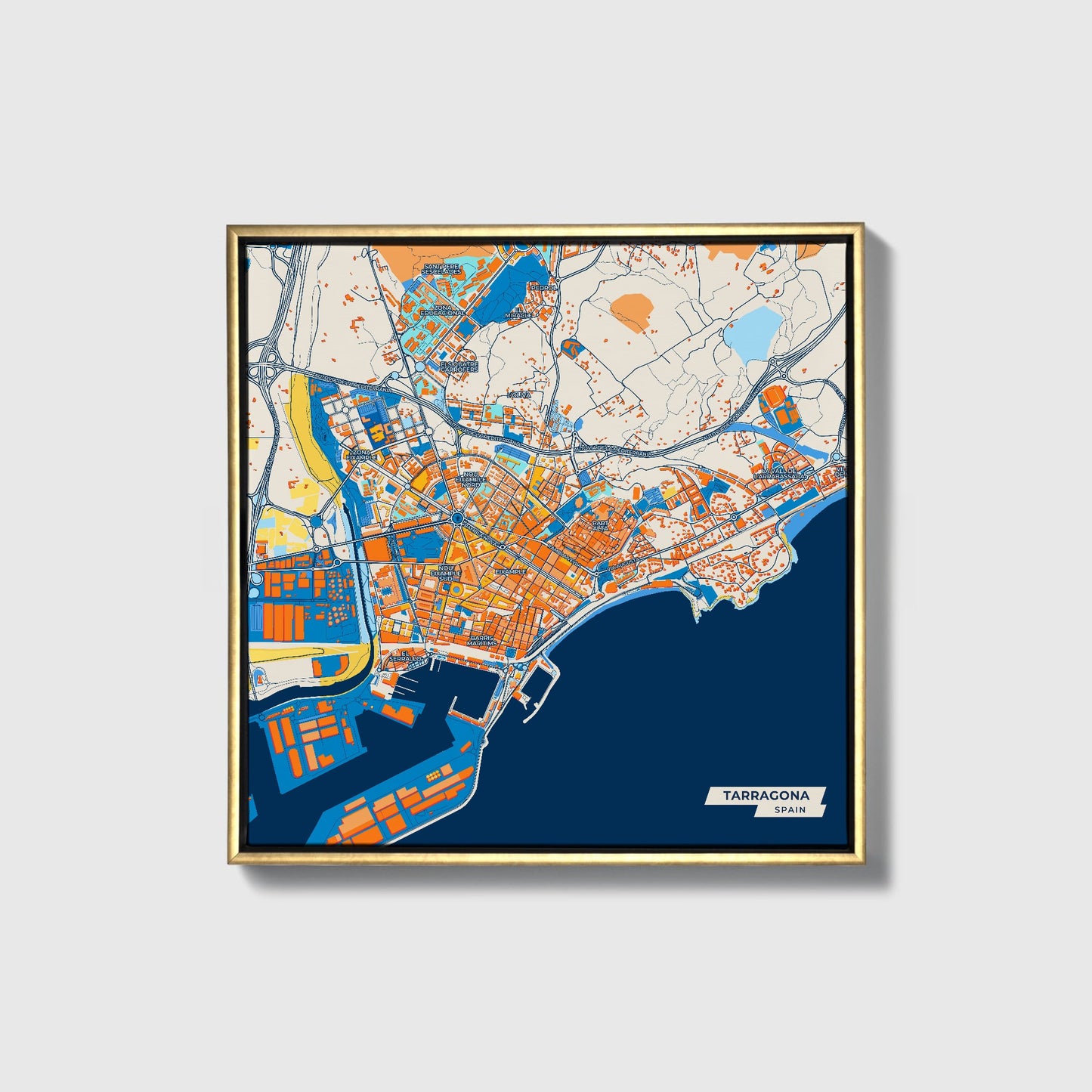 Tarragona Spain Colorful City Map Canvas Print • Gold Framed