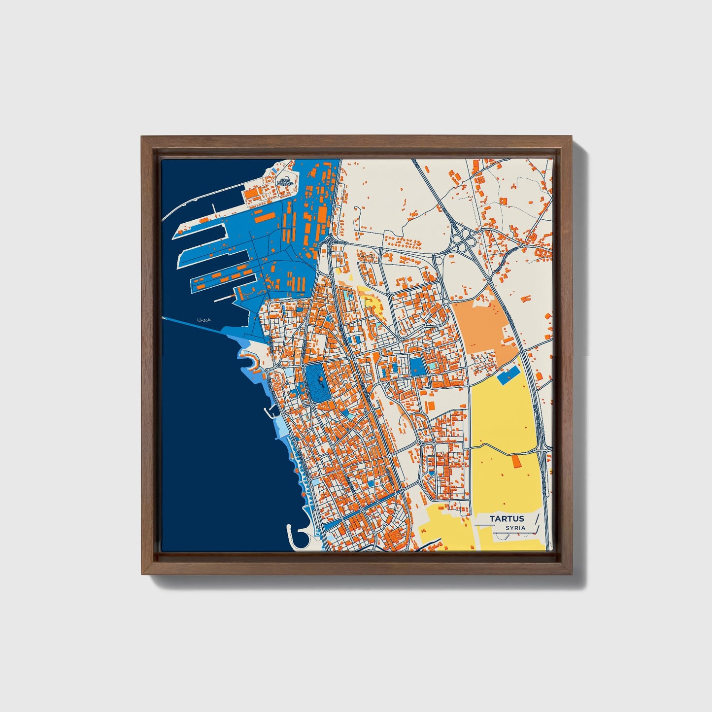 Tartus Syria Colorful City Map Canvas Print • Dark Wooden Framed