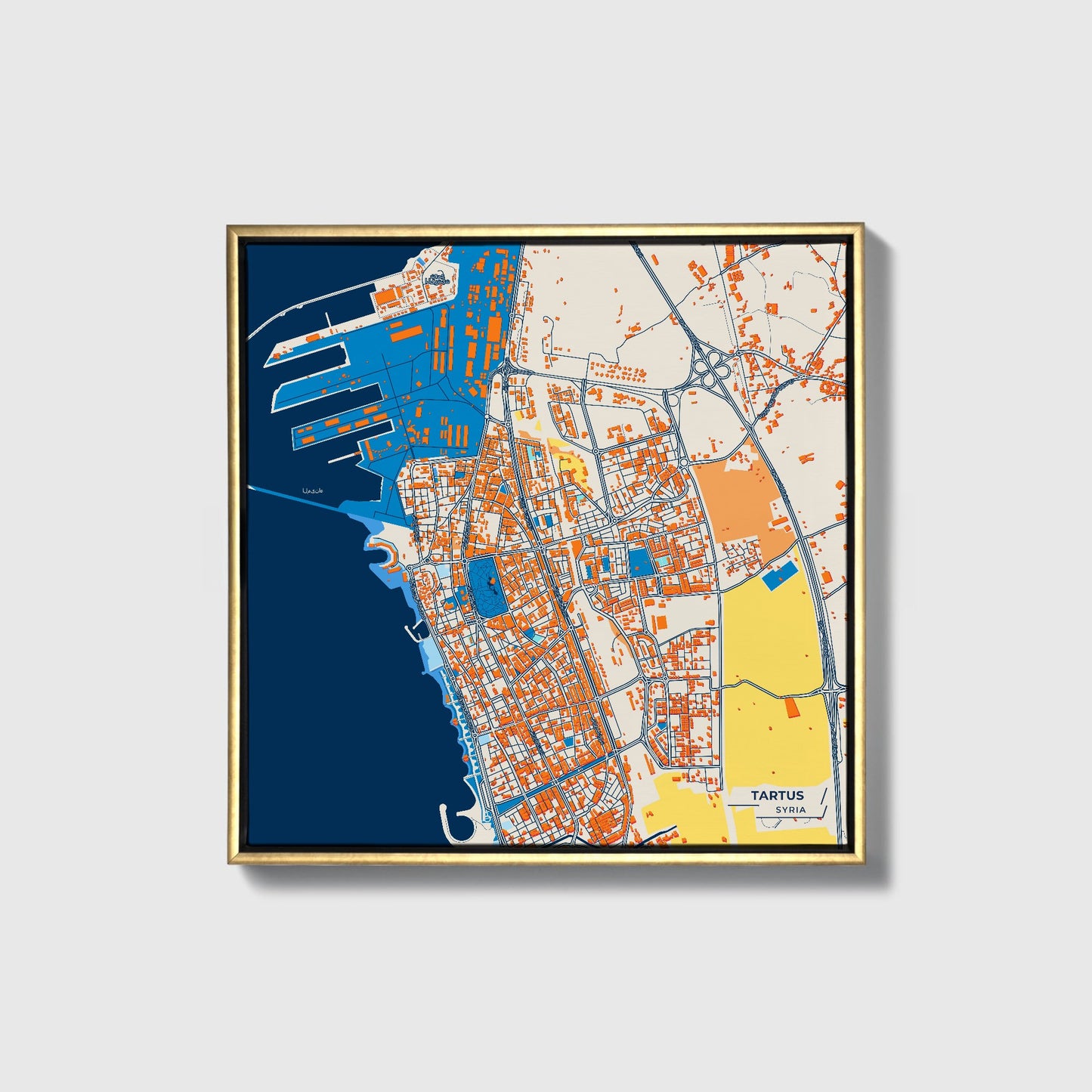 Tartus Syria Colorful City Map Canvas Print • Gold Framed