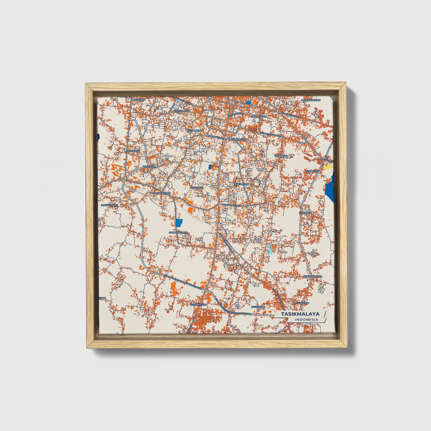 Tasikmalaya Indonesia Colorful City Map Canvas Print • Natural Wooden Framed