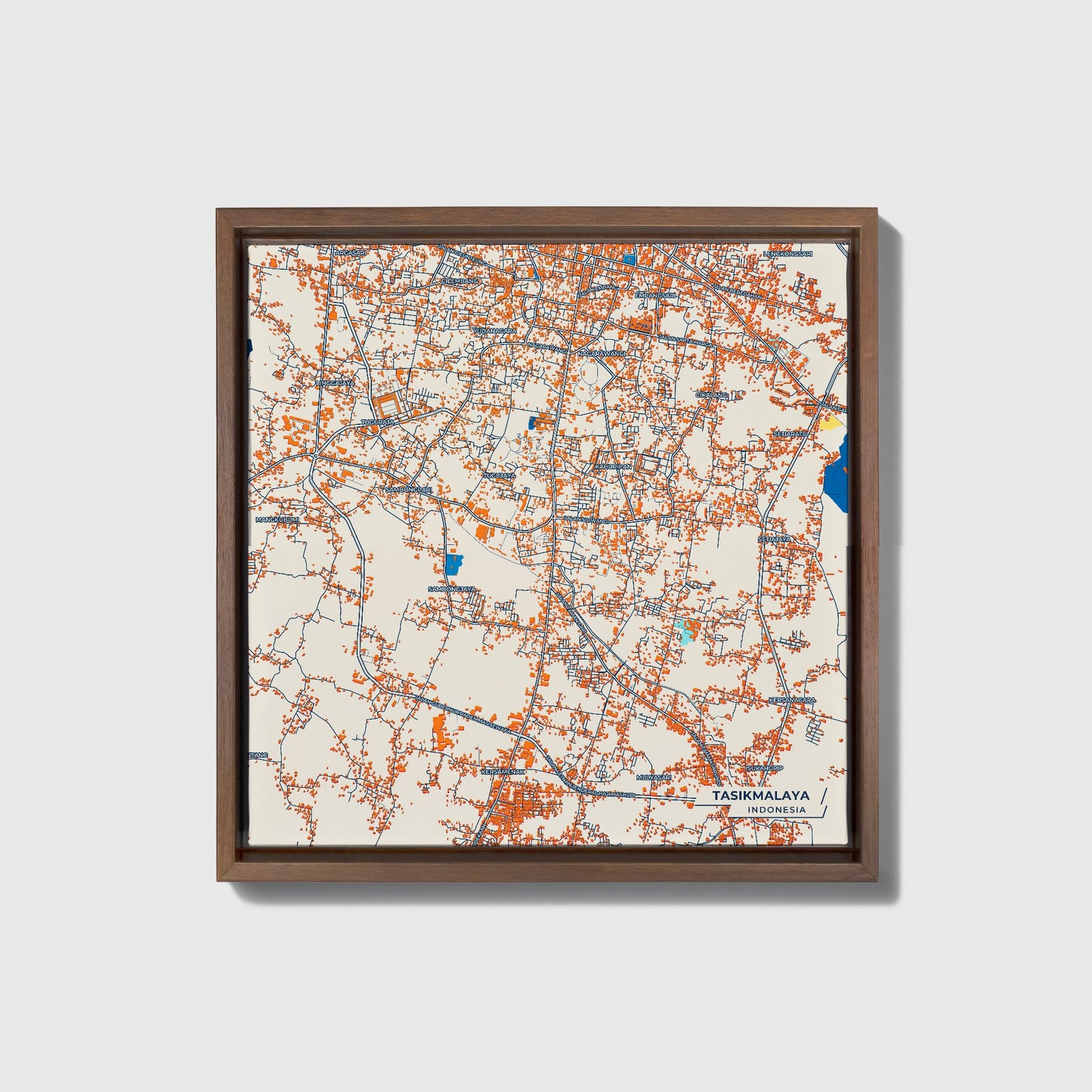 Tasikmalaya Indonesia Colorful City Map Canvas Print • Dark Wooden Framed
