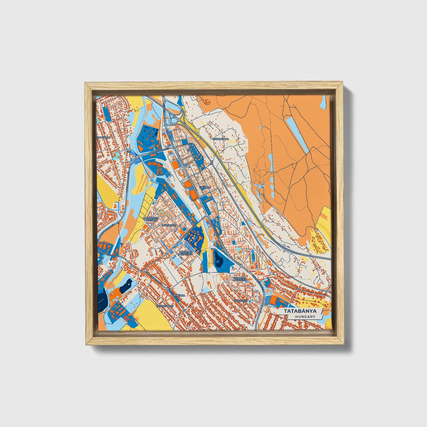 Tatabánya Hungary Colorful City Map Canvas Print • Natural Wooden Framed