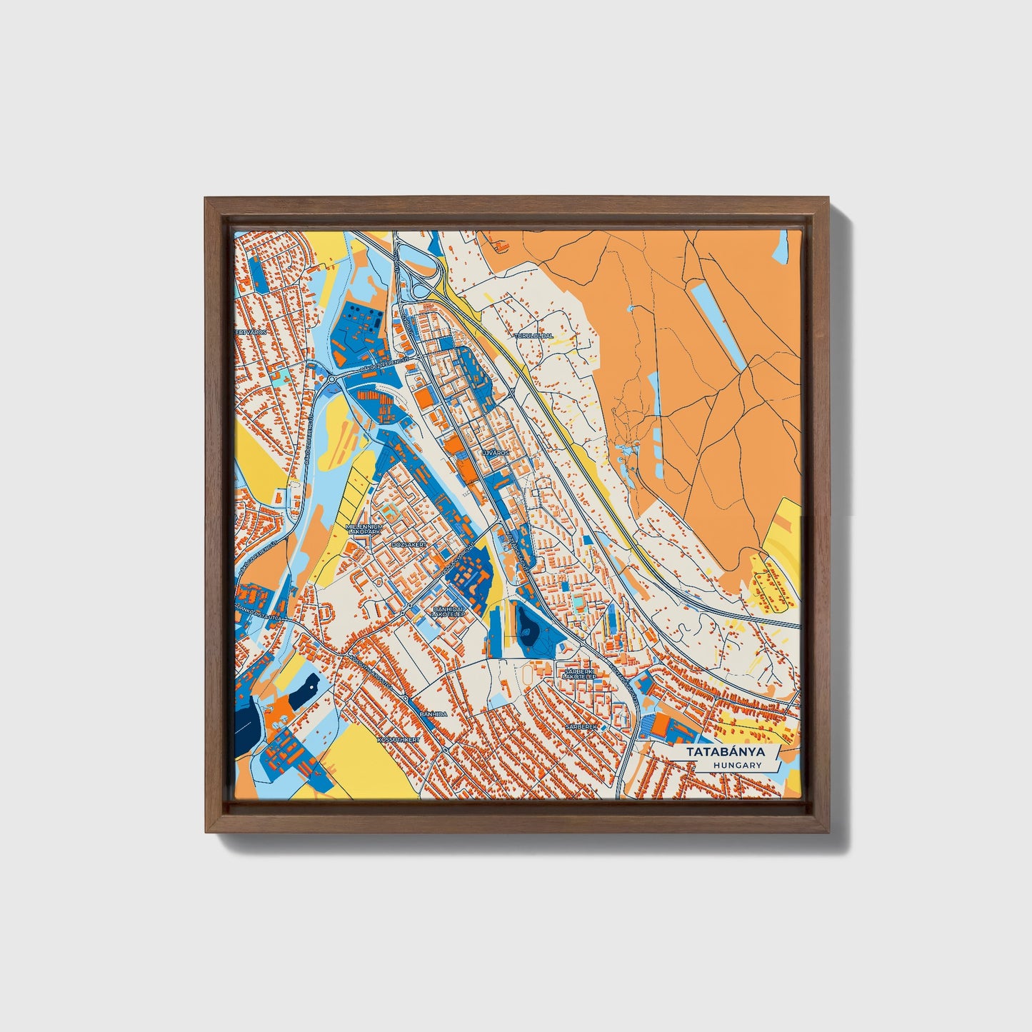Tatabánya Hungary Colorful City Map Canvas Print • Dark Wooden Framed