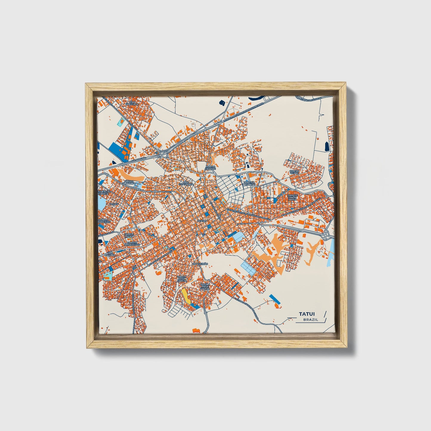 Tatui Brazil Colorful City Map Canvas Print • Natural Wooden Framed