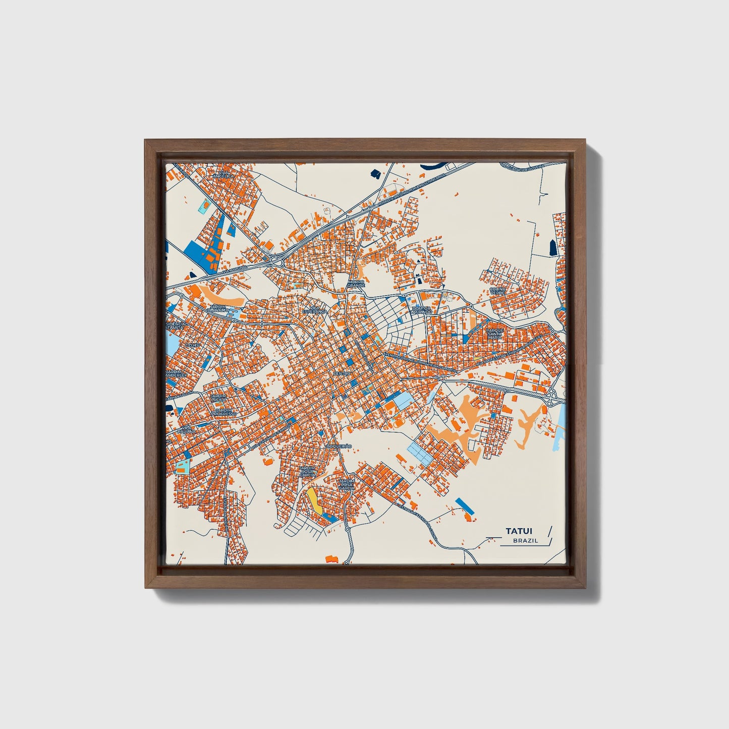 Tatui Brazil Colorful City Map Canvas Print • Dark Wooden Framed