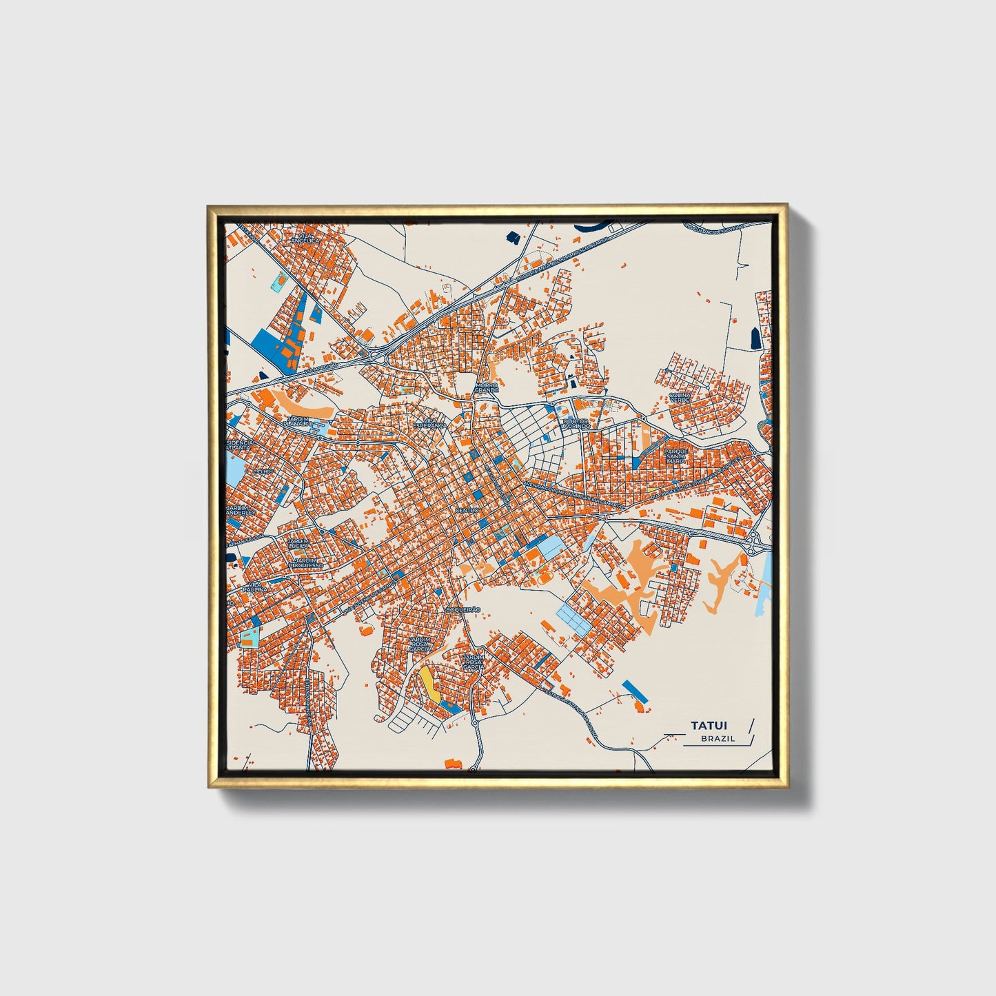 Tatui Brazil Colorful City Map Canvas Print • Gold Framed