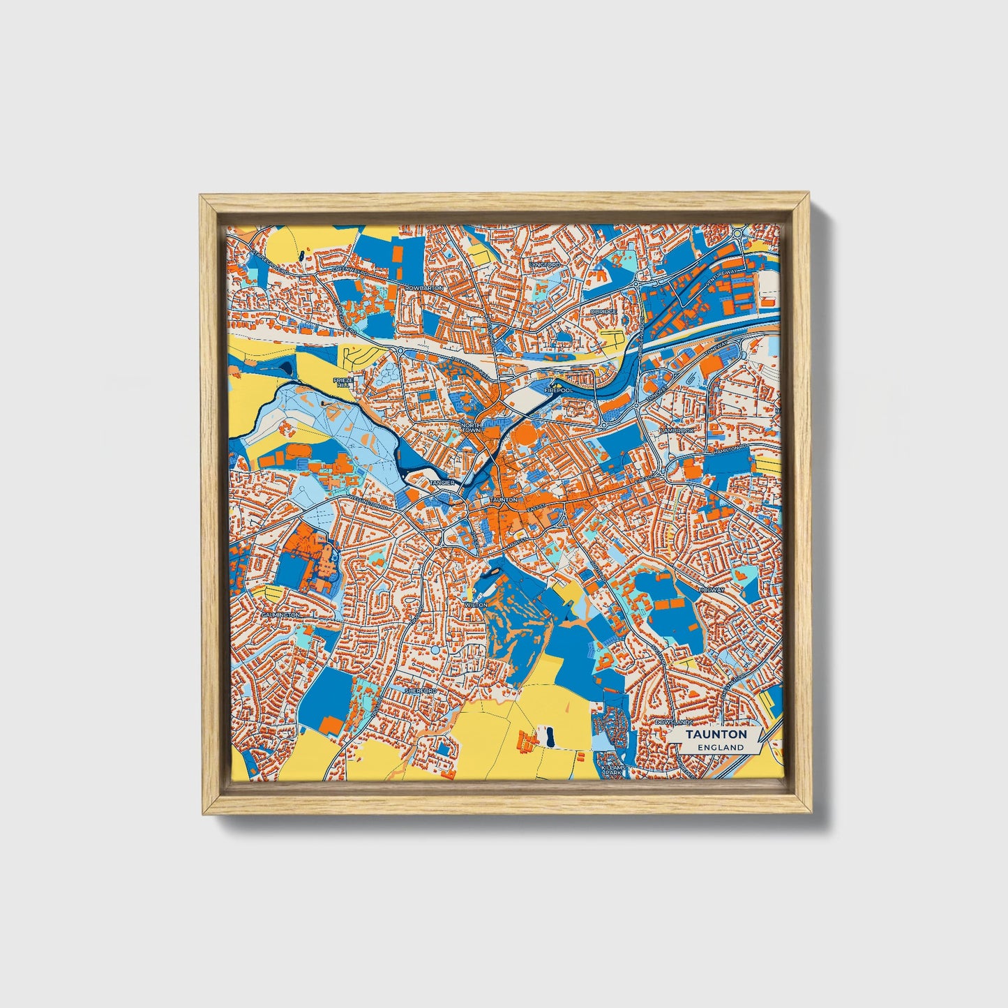 Taunton England Colorful City Map Canvas Print • Natural Wooden Framed