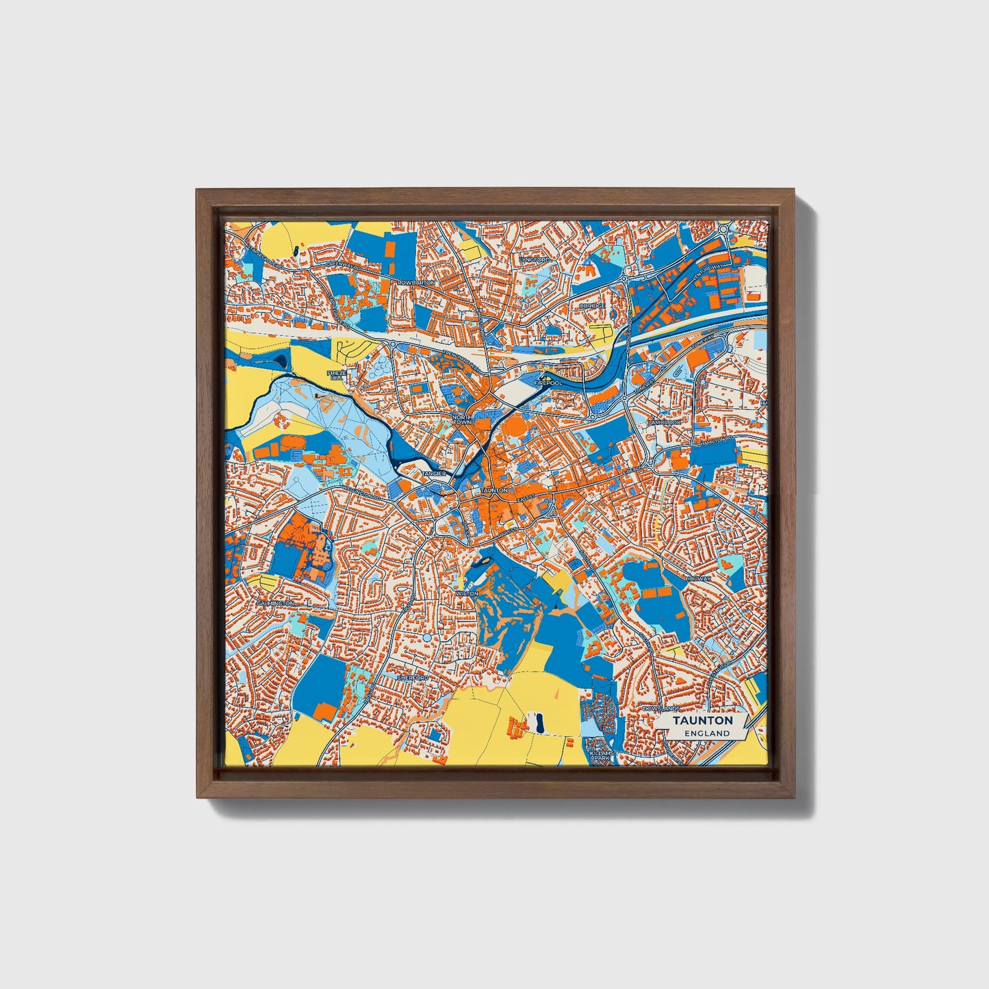 Taunton England Colorful City Map Canvas Print • Dark Wooden Framed